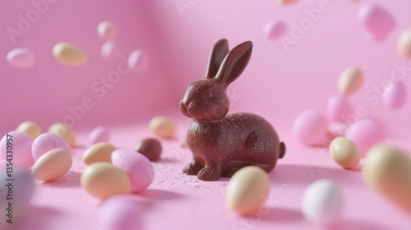 Fototapeta A chocolate bunny surrounded by a scattering of pastel-colored Easter eggs in shades of pink, cream, and light yellow with sparkles on the pink background.