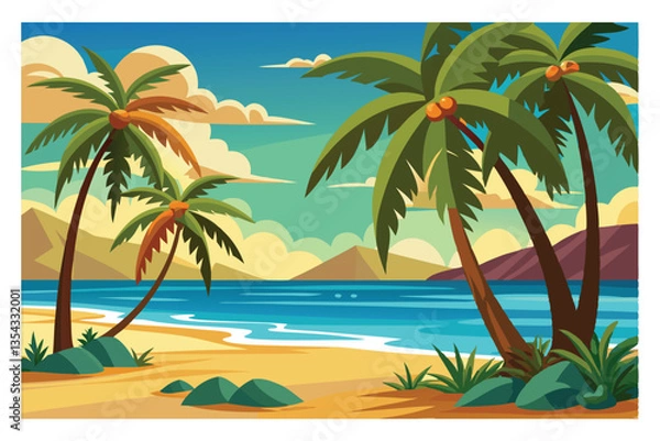 Obraz Seaside Paradise: Vivid depiction of a beach scene with palm trees and the calm sea, perfect for travel and relaxation
