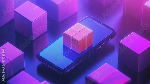 Fototapeta Phone Order, Package Delivery, Neon Background