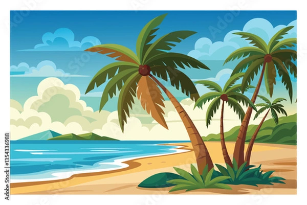 Fototapeta Tropical Paradise Illustration: A vibrant illustration captures the essence of a tropical paradise, showcasing a serene beach scene with swaying palm trees under a bright.