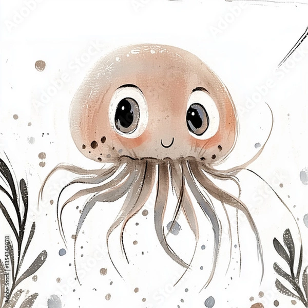 Fototapeta Cute jellyfish character illustration in soft watercolor style with beige and pink tones, smiling sea animal art for kids’ prints and ocean-themed designs