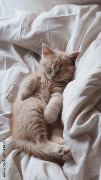 Obraz Cute fluffy cat sleeping cozy on white blanket with paws up