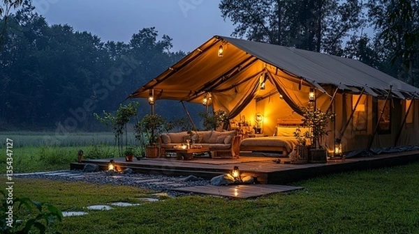 Obraz Luxurious glamping tent at night in a tranquil field.