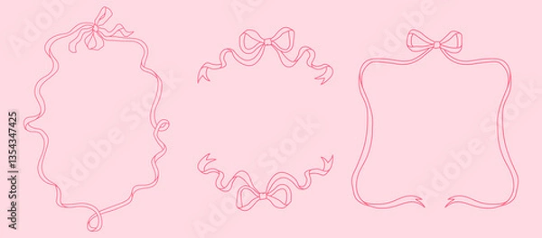 Fototapeta Set of 3 Hand-drawn vector ribbon frame with pink bow for valentines, posters, and wedding invitations. Cute decorative border