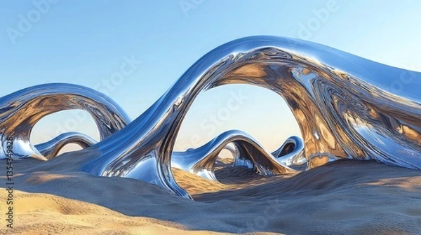 Fototapeta A futuristic landscape of wavy, undulating structures resembling a surreal desert, with curves and arches molded from reflective metallic materials.