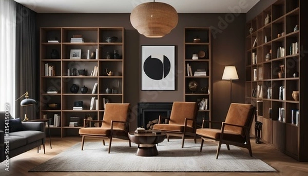 Fototapeta Modern-retro living room with warm brown tones and stylish furniture. Two brown leather armchairs with wooden legs face each other,A large wooden bookshelf, filled with books, decorative objects