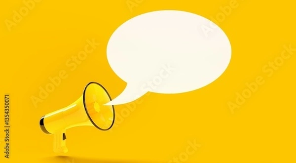 Fototapeta Yellow megaphone or bullhorn with empty rectangle speech bubble over yellow background, business announcement or communication concept with copy space