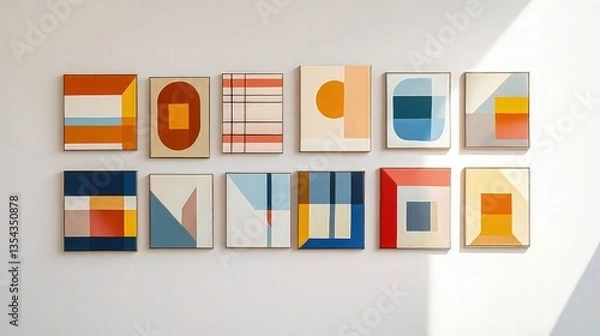 Fototapeta A series of tiny abstract paintings exploring various geometric patterns in a single color scheme are shown on a gallery wall.