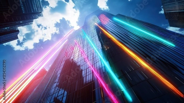 Fototapeta Rapid flashes of multicolored lasers across a futuristic skyscraper's facade create a high-energy spectacle.