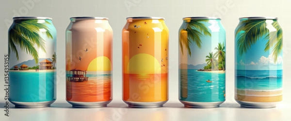 Fototapeta Colorful beverage cans featuring tropical sunset designs with palm trees, perfect for summer-themed marketing and branding.