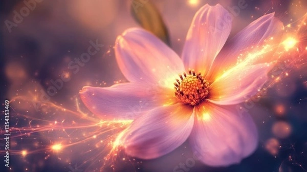 Fototapeta Sparkling pink flower in magical garden setting