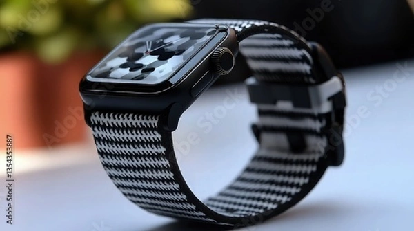 Fototapeta An advanced smartwatch band that highlights its sleek and fashionable appearance with a black and white hounds tooth pattern.