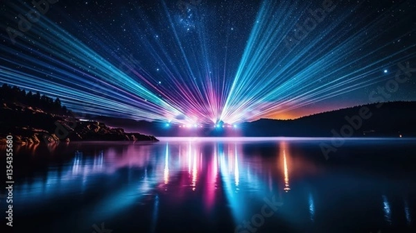 Fototapeta A display of lights over a calm lake, with colorful laser beams bouncing off the water's surface against a starry night sky.