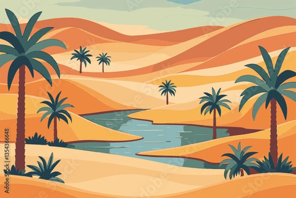 Fototapeta Sand dunes and rolling hills with desert trees a scenic landscape in EPS and vector format. Serene Desert Landscape with Palm Trees and Tranquil Water Body