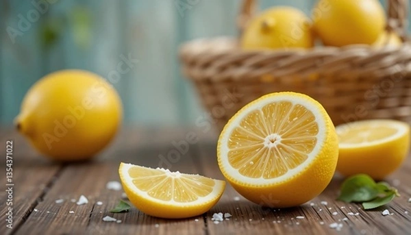 Obraz Lemons, Basket of fresh lemons and oranges, Close-up image of basket of juicy lemons isolated on wooden table with blurred background
