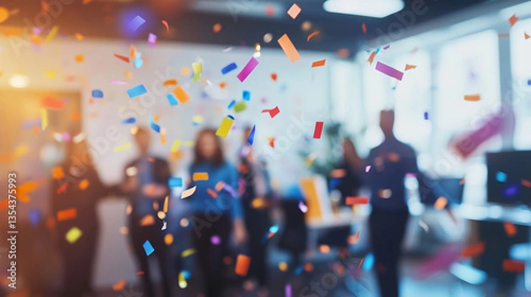 Fototapeta Colorful confetti falling in a modern office space during a company celebration, teamwork, and achievement concept.
