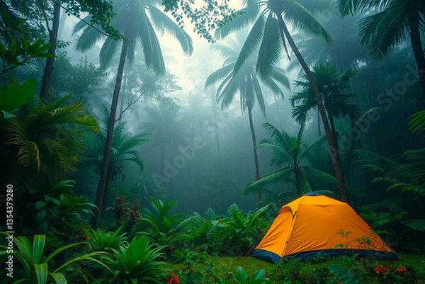 Fototapeta Rain Falling on a Tent in a Vibrant Tropical Forest, Capturing the Refreshing Atmosphere of Nature's Elements, Vibrant Wallpaper