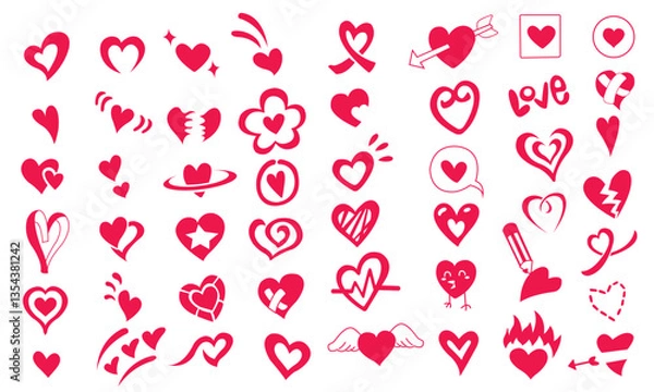 Fototapeta Set of red hearts in different pose. Collection of heart illustration with different style.