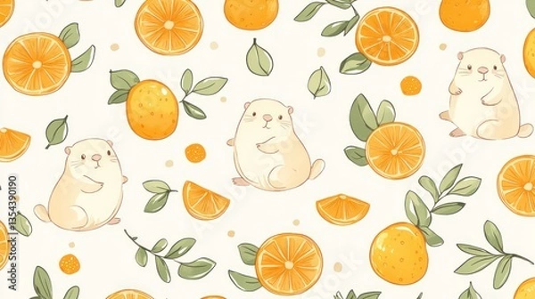 Obraz Adorable Hamsters and Oranges Seamless Pattern