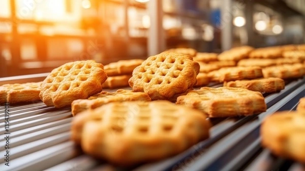 Obraz Close-up of freshly baked golden-brown cookies moving on a metallic conveyor belt in a warm sunlit bakery production line creating appetizing allure