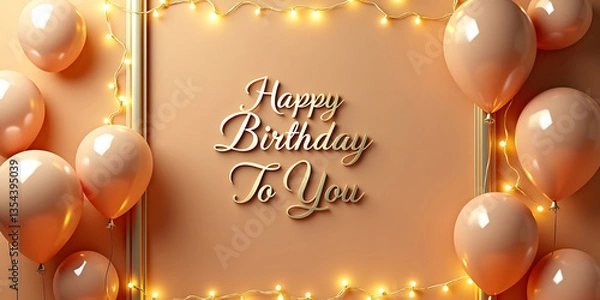 Fototapeta "Celebrate in style with this elegant birthday card design featuring a luxurious golden brown background. The 3D realistic balloons in peach and taupe hues are framed by a shiny gold border, complemen