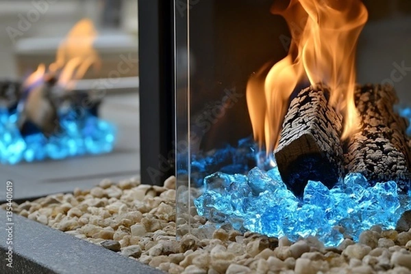 Fototapeta A modern fireplace with blue glass and burning logs creates a warm ambiance.