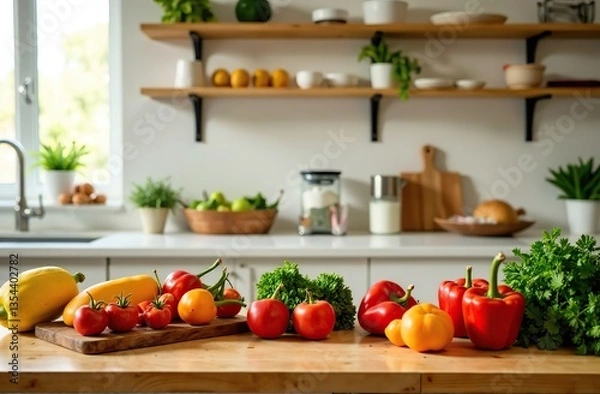 Obraz Meal prep made easy organizing your kitchen counter with fresh ingredients for healthy eating at home bright and inviting environment top-down viewpoint for cooking enthusiasts 