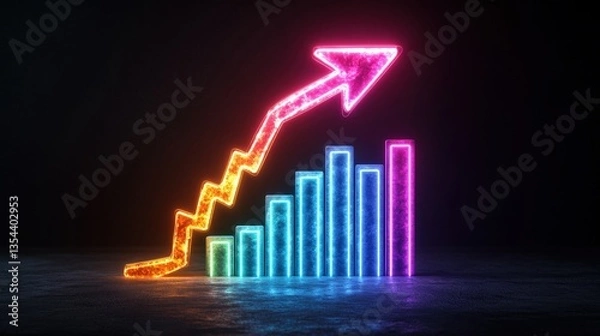 Fototapeta Vibrant neon bar graph with bright upward arrow symbolizes significant growth and positive progress against dark background in modern business concept design