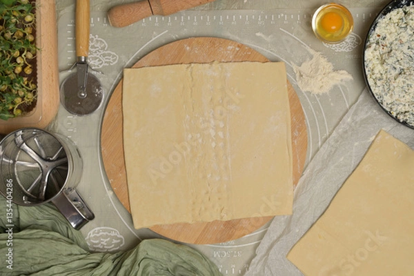 Obraz Top view square sheet of dough on wooden board. Rolling pin, cutter, egg, green towel, microgreens sprouts, cottage cheese with parsley and dill greens on kitchen table. Home cooking baking puffs