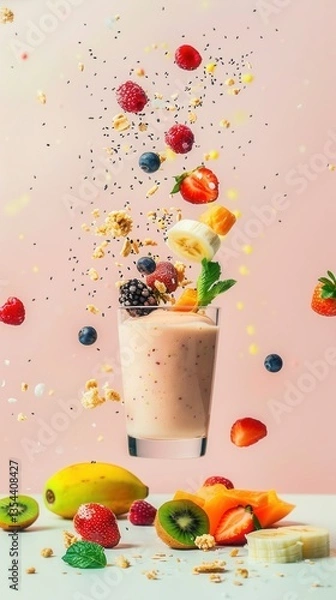 Obraz Vibrant fruit smoothie explosion with berries banana kiwi and granola