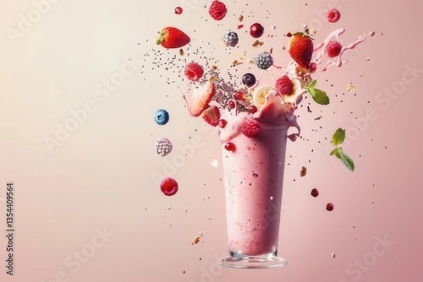 Obraz Vibrant berry smoothie splash with fresh fruits and mint on a pink background