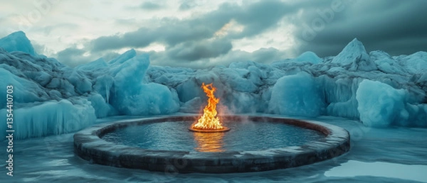 Fototapeta A surreal icy landscape where the cold blue icebergs form a stark backdrop to a fierce fire burning in the center of a circular pool.