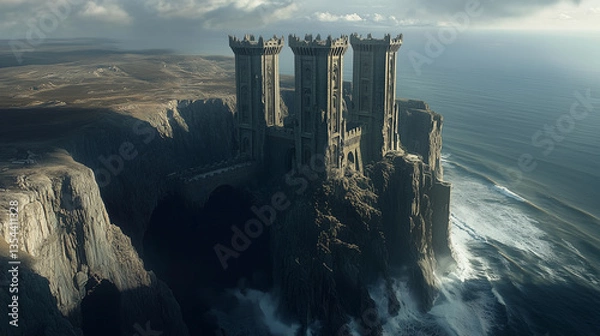 Obraz A towering castle with four symmetrical towers rises from the edge of cliffs, where dark caves are carved into the rock.