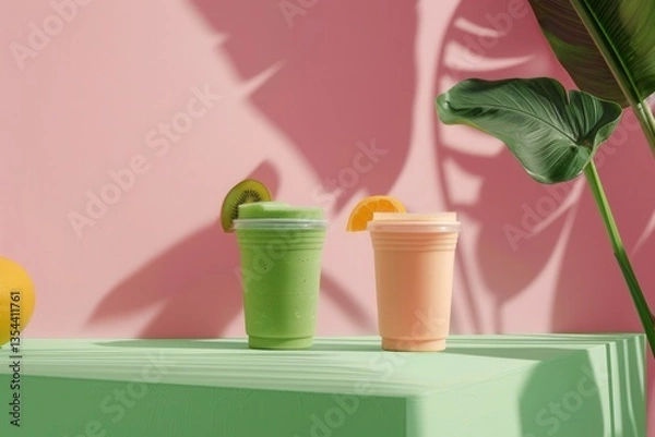 Obraz Tropical smoothies: refreshing kiwi and orange drinks with vibrant shadows and foliage