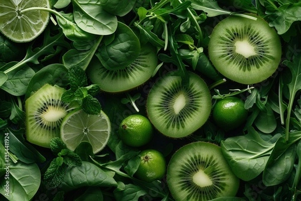 Obraz Fresh kiwi lime and leafy greens arrangement for healthy eating concepts