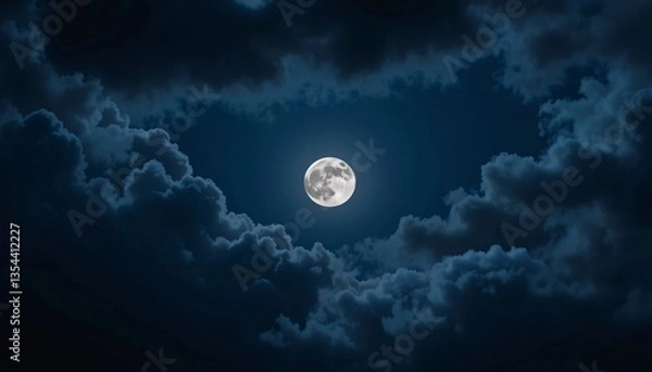 Obraz Moon on Night Sky, Full moon glowing over dark blue sky with soft clouds, creating serene nighttime landscape, Full moon on night sky on dark clouds background