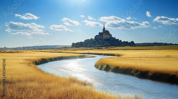 Obraz A vast golden grassland bathed in warm sunlight stretches endlessly beneath a clear blue sky, dotted with fluffy white clouds.