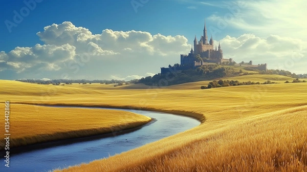 Obraz A vast golden grassland bathed in warm sunlight stretches endlessly beneath a clear blue sky, dotted with fluffy white clouds.