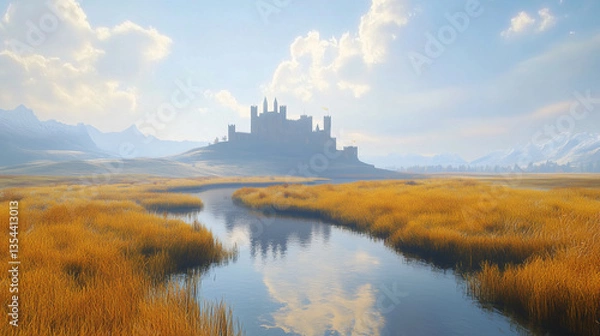 Obraz A vast, golden grassland stretches under a clear sky, with fluffy clouds drifting overhead.