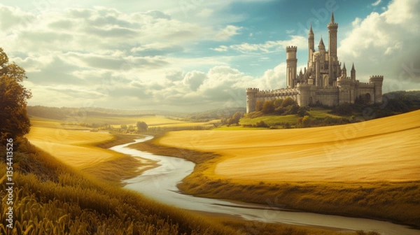Obraz An enchanting, high-detail fantasy landscape where golden fields meet a sky painted in soft blues and whites.