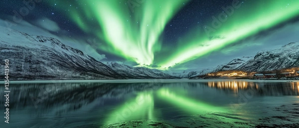 Obraz An ethereal landscape where the Aurora Borealis dances gracefully across the sky, its neon-green light pulsating above a vast, still lake.