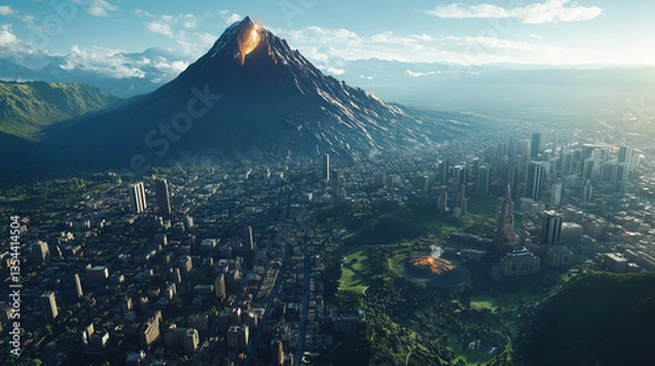 Obraz An ultra-detailed aerial composition showcasing a breathtaking volcano dominating the skyline above a densely populated city.