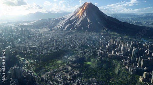 Obraz An ultra-detailed aerial composition showcasing a breathtaking volcano dominating the skyline above a densely populated city.