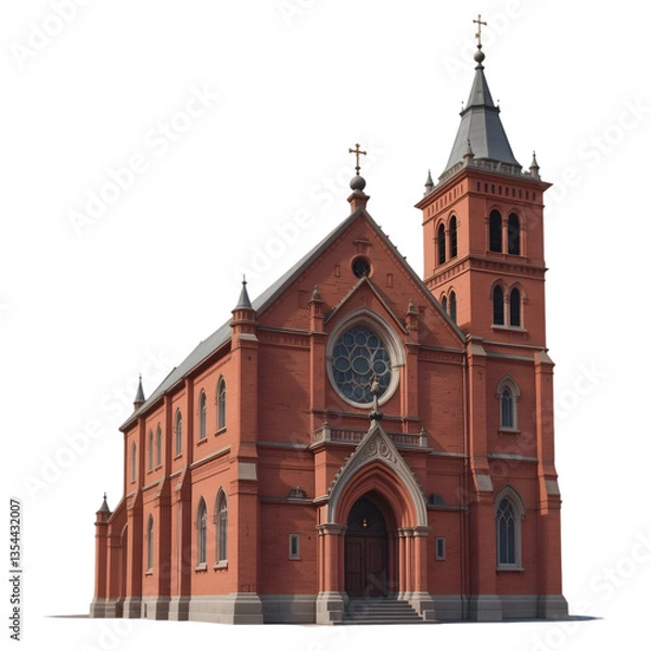 Obraz "Historic Red Brick Church with Gothic Architecture – Religious Landmark"transparent background png generated ai