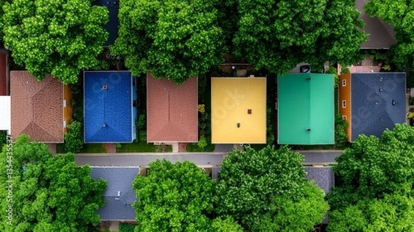 Fototapeta Aerial View of Colorful Houses with Green Trees and Rooftop