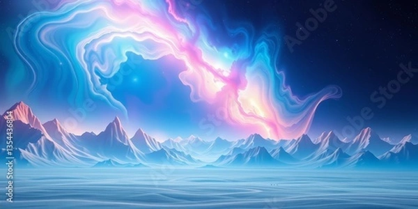 Fototapeta Dreamlike, swirling nebulae and pastel mountains form a surreal, empty backdrop, horizon, shadow
