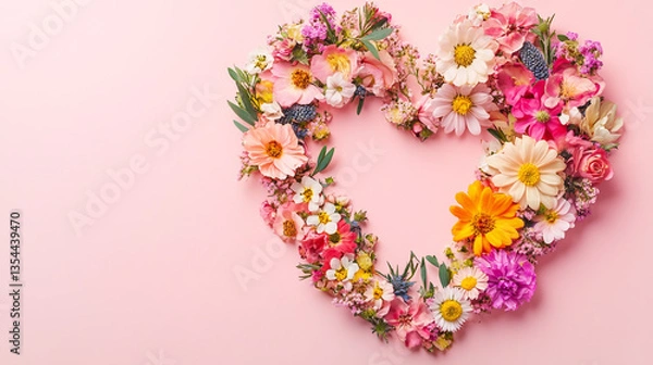 Fototapeta Floral heart arrangement on a soft pink background creating a romantic and loving composition style
