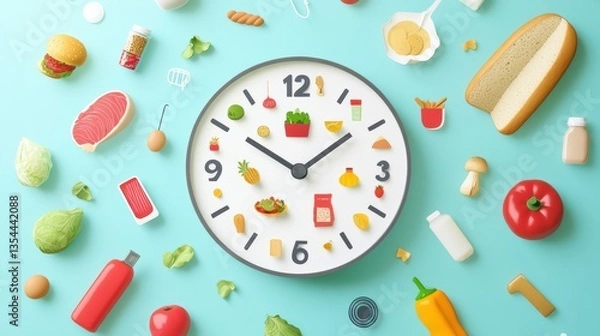 Fototapeta Creative clock design showcases food icons for fast grocery delivery in a modern style