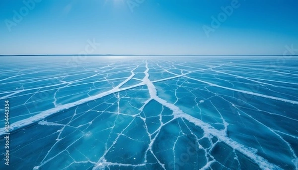 Fototapeta Ice Surface Under the Sun: A stunning view of a vast icy surface under a bright blue sky, where intricate patterns of cracks in the ice create a mesmerizing visual landscape. 