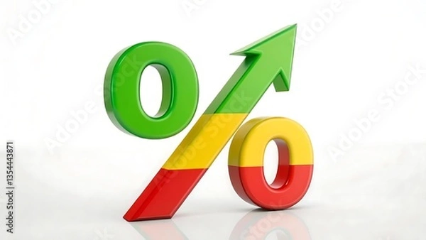Fototapeta Percentage sign with arrow up icon isolated on white background. 3d render of rate increase symbol.